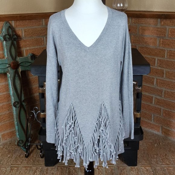 Tribal Tops - Tribal Gray Fringed Pullover Knit Top Size S